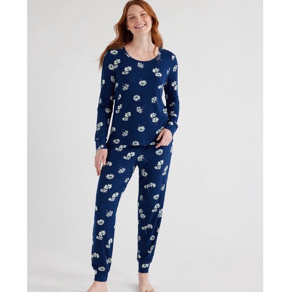 Joyspun Women’s Ribbed Blue Floral Print Top and Pants Pajama Lounge Set - Picture 2 of 5